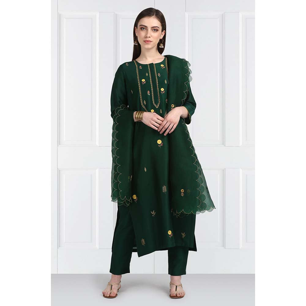 Label Earthen Women Green Embroidered Kurta with Pant & Dupatta (Set of 3)