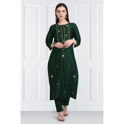 Label Earthen Women Green Embroidered Kurta with Pant & Dupatta (Set of 3)