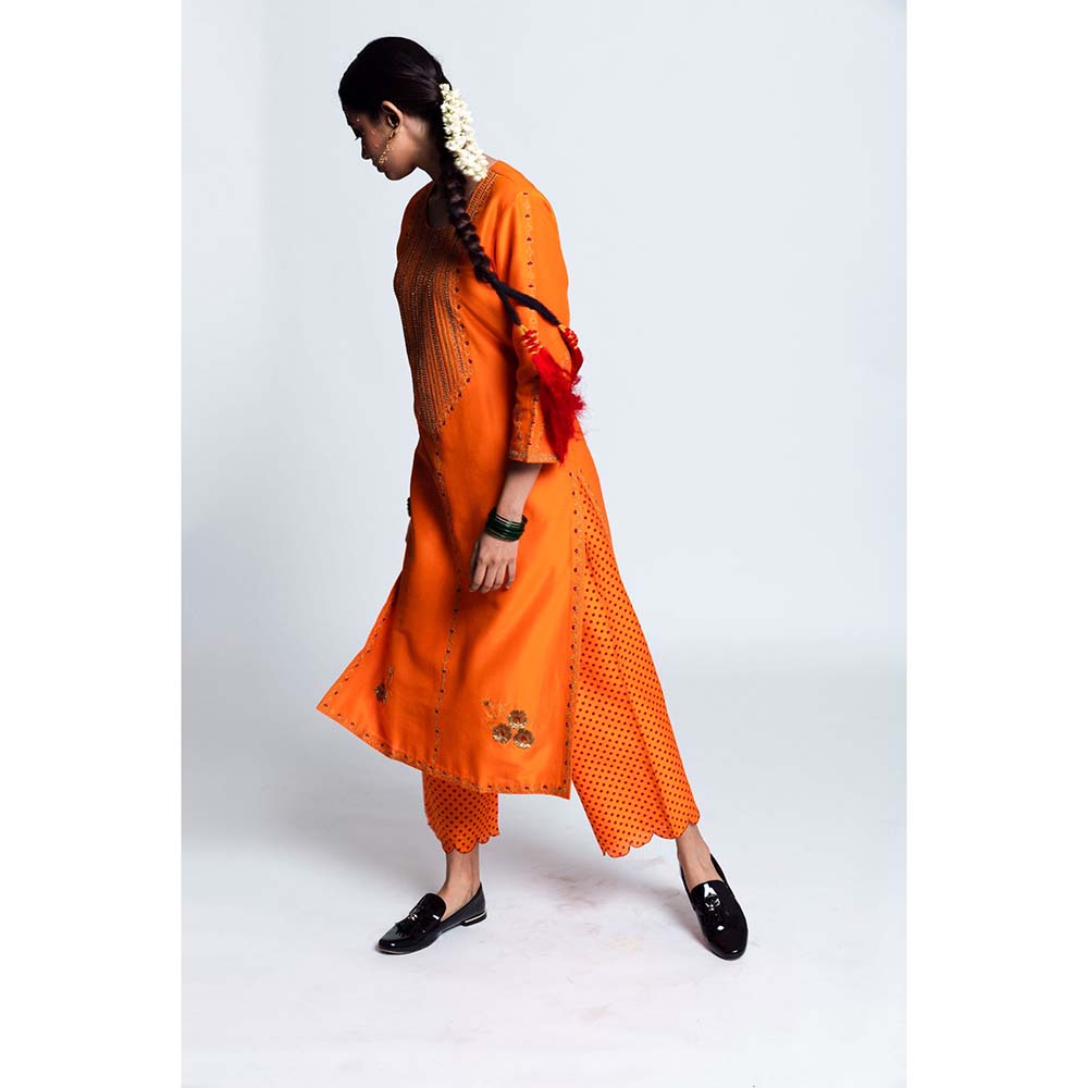 Label Earthen Women Orange Embroidered Kurta with Pant & Dupatta (Set of 3)