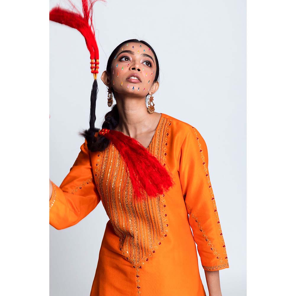 Label Earthen Women Orange Embroidered Kurta with Pant & Dupatta (Set of 3)