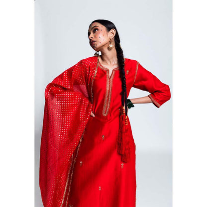 Label Earthen Women Red Embroidered Kurta with Pant & Dupatta (Set of 3)