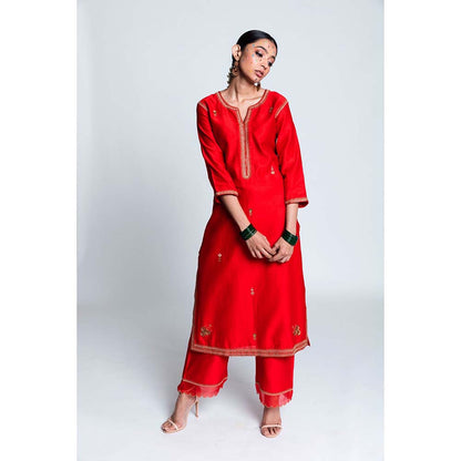 Label Earthen Women Red Embroidered Kurta with Pant & Dupatta (Set of 3)