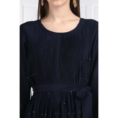 Label Earthen Women Navy Blue Pleated Maxi Dress with Belt (Set of 2)