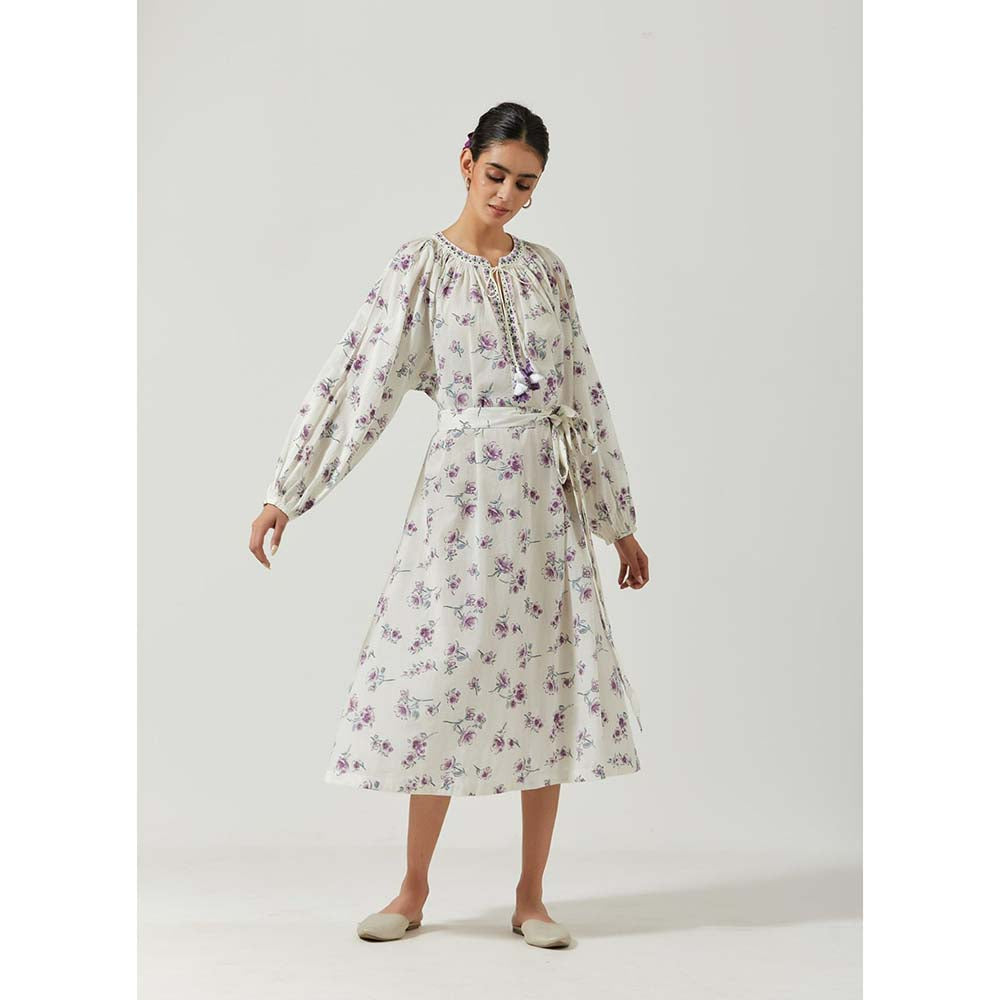 Label Earthen Women White Floral Midi Dress with Belt (Set of 2)