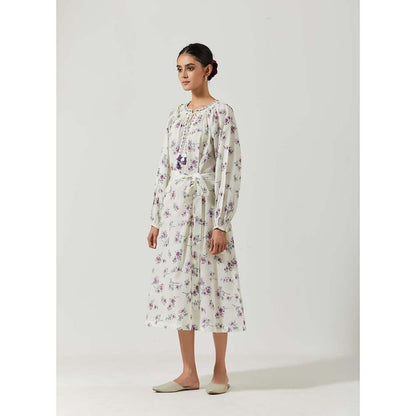 Label Earthen Women White Floral Midi Dress with Belt (Set of 2)