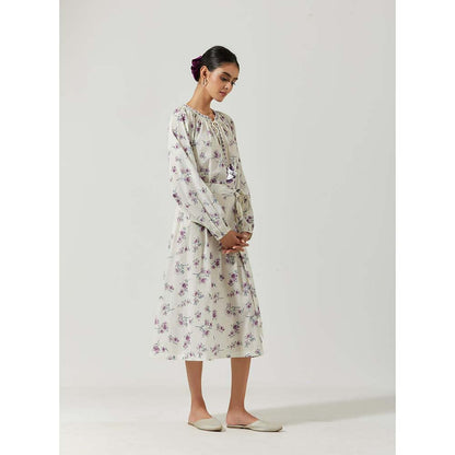Label Earthen Women White Floral Midi Dress with Belt (Set of 2)