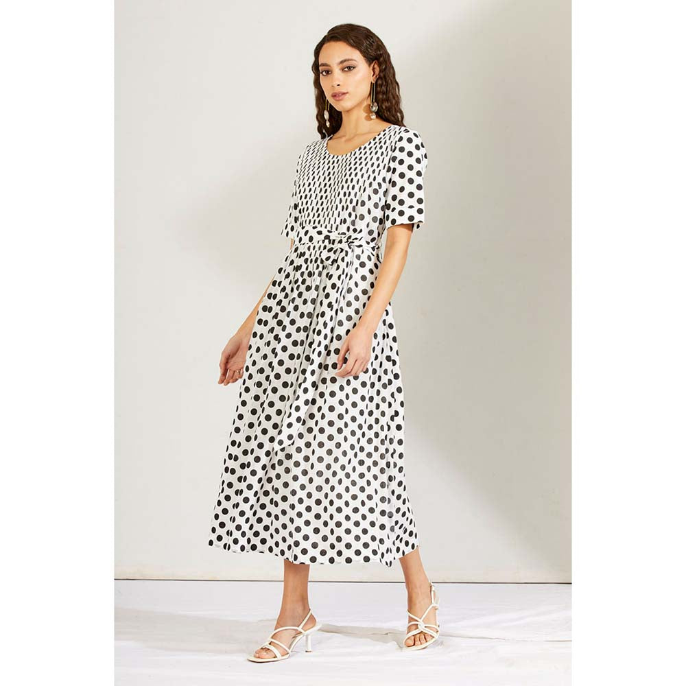 Label Earthen Women Black Polka Dots Midi Dress with Belt (Set of 2)
