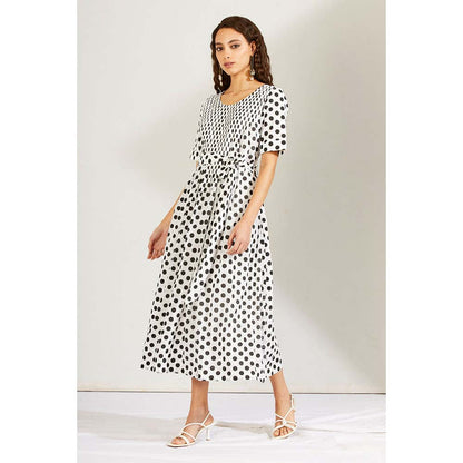 Label Earthen Women Black Polka Dots Midi Dress with Belt (Set of 2)