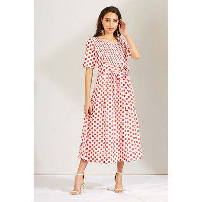 Label Earthen Women Red Polka Dots Midi Dress with Belt (Set of 2)