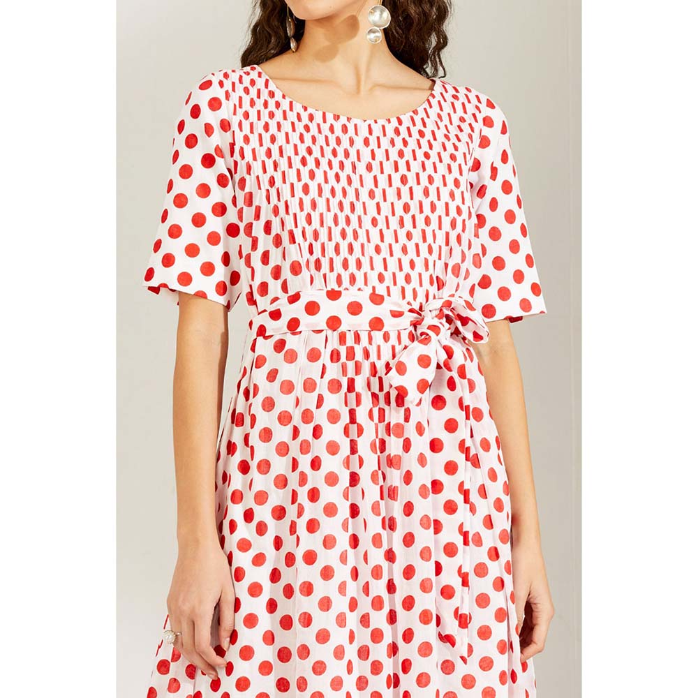 Label Earthen Women Red Polka Dots Midi Dress with Belt (Set of 2)