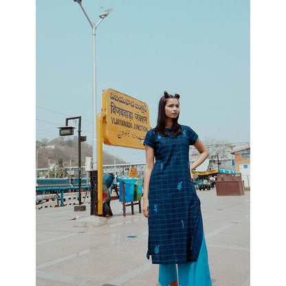 Label Earthen Women Navy Blue Checks Kurta with Palazzo (Set of 2)