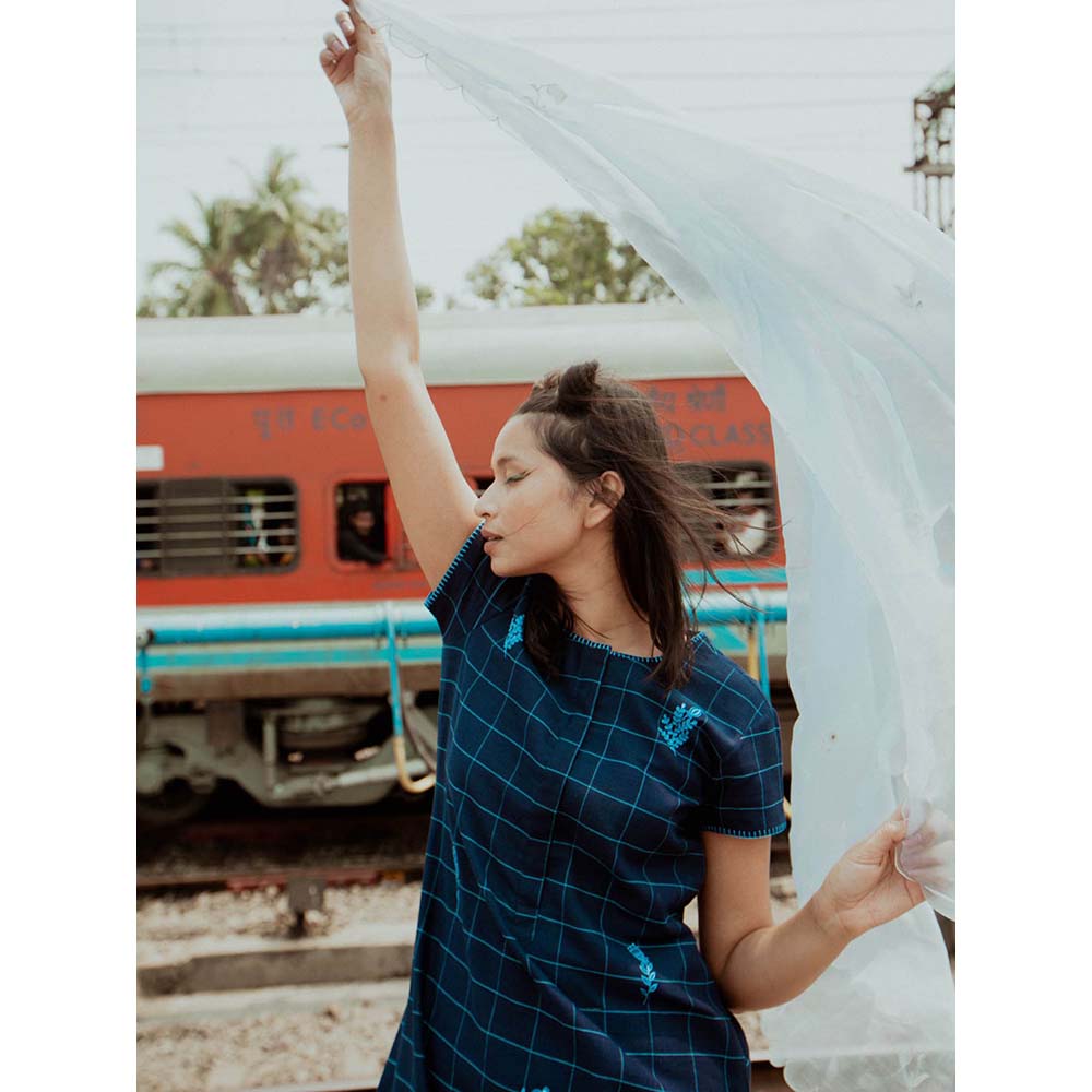 Label Earthen Women Navy Blue Checks Kurta with Palazzo (Set of 2)