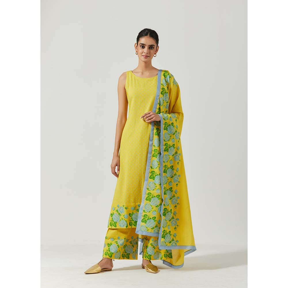 Label Earthen Women Yellow Floral Kurta with Palazzo & Dupatta (Set of 3)