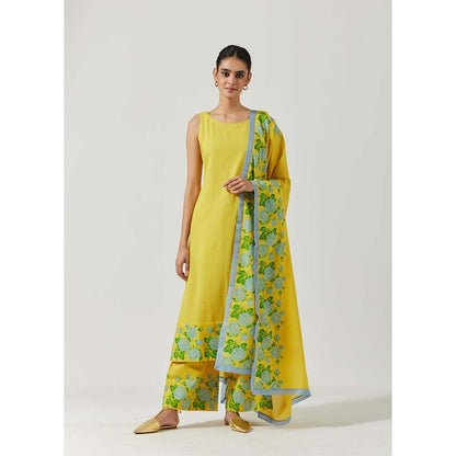 Label Earthen Women Yellow Floral Kurta with Palazzo & Dupatta (Set of 3)
