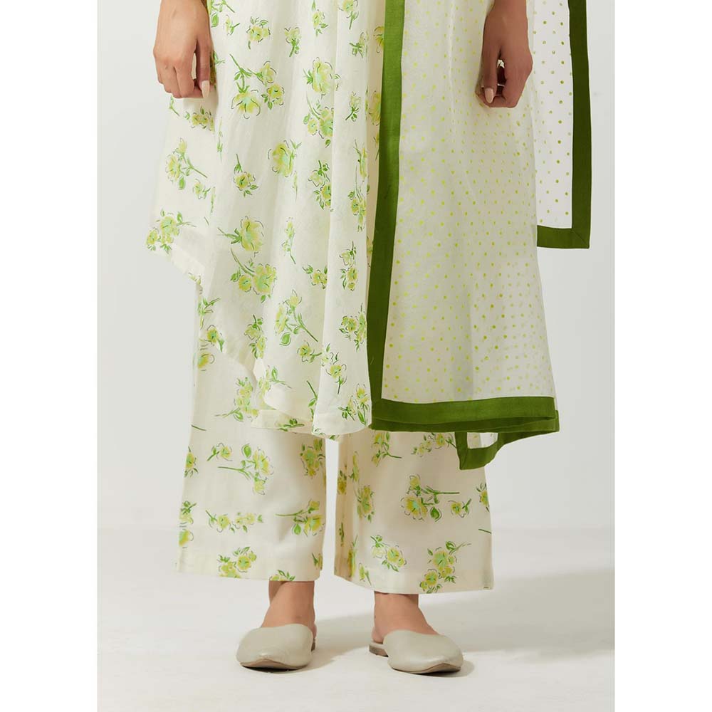 Label Earthen Women White Floral Kurta with Palazzo & Dupatta (Set of 3)
