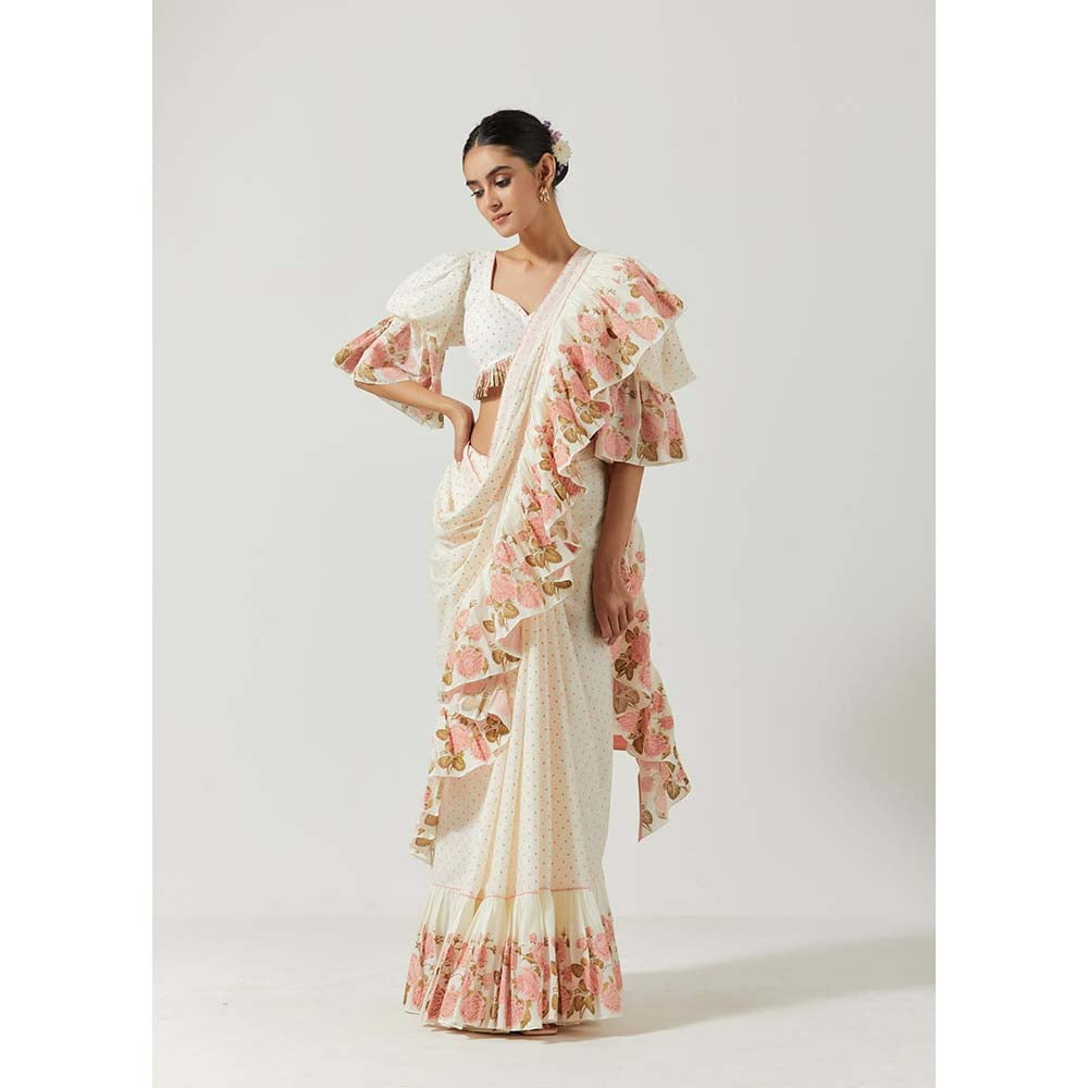 Label Earthen Women White Floral Pre-Draped Saree with Stitched Blouse