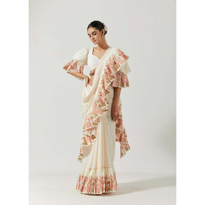 Label Earthen Women White Floral Pre-Draped Saree with Stitched Blouse
