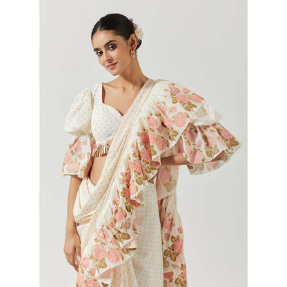 Label Earthen Women White Floral Pre-Draped Saree with Stitched Blouse