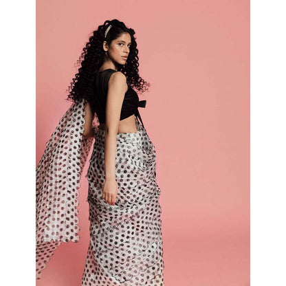 Label Earthen Women Black Polka Dots Saree with Stitched Blouse