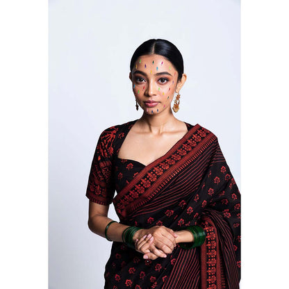 Label Earthen Women Black Floral Saree with Stitched Blouse