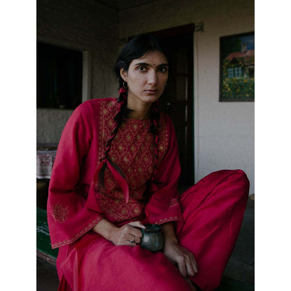 Label Earthen Women Magenta Embroidered Kurta with Salwar (Set of 2)