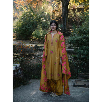 Label Earthen Women Mustard Floral Kurta with Salwar & Dupatta (Set of 3)