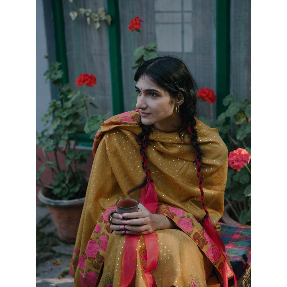 Label Earthen Women Mustard Floral Kurta with Salwar & Dupatta (Set of 3)