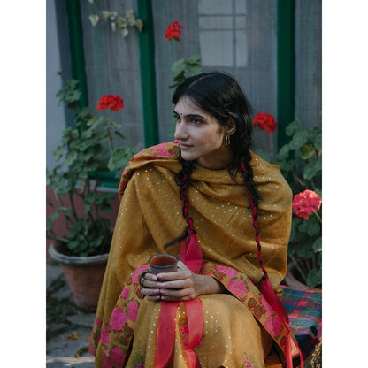 Label Earthen Women Mustard Floral Kurta with Salwar & Dupatta (Set of 3)