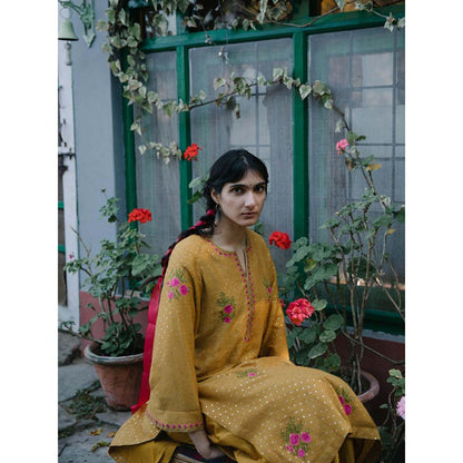 Label Earthen Women Mustard Floral Kurta with Salwar & Dupatta (Set of 3)