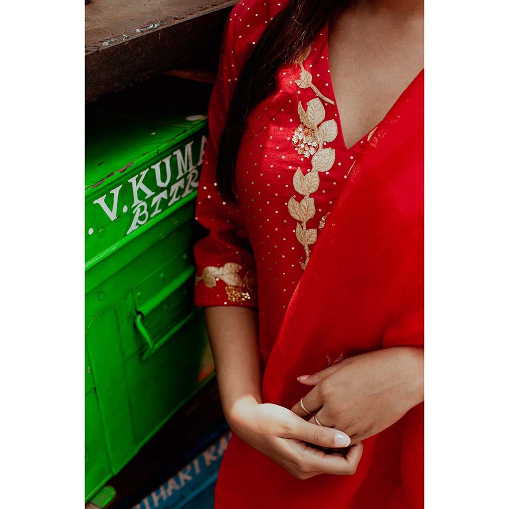 Label Earthen Women Red Embroidered Kurta with Sharara & Dupatta (Set of 3)