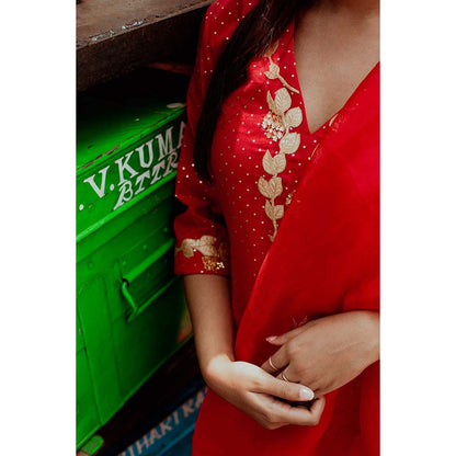 Label Earthen Women Red Embroidered Kurta with Sharara & Dupatta (Set of 3)