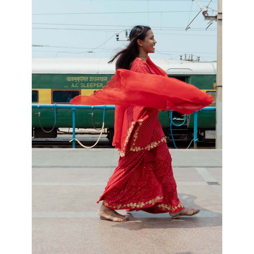 Label Earthen Women Red Embroidered Kurta with Sharara & Dupatta (Set of 3)