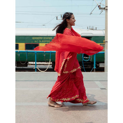Label Earthen Women Red Embroidered Kurta with Sharara & Dupatta (Set of 3)