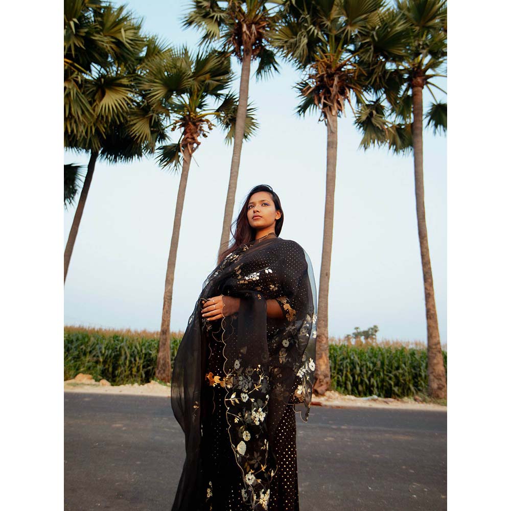 Label Earthen Women Black Embroidered Kurta with Sharara & Dupatta (Set of 3)