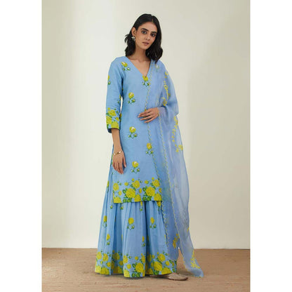 Label Earthen Women Blue Floral Kurta with Sharara & Dupatta (Set of 3)