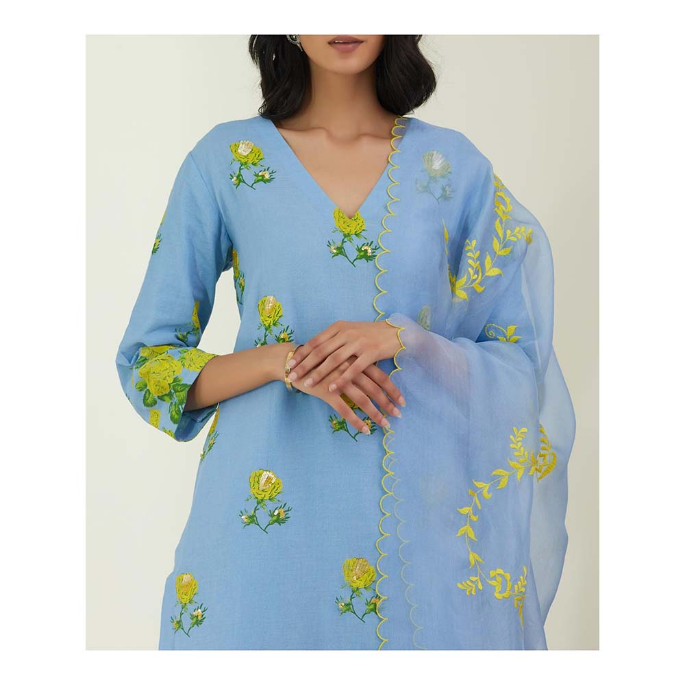 Label Earthen Women Blue Floral Kurta with Sharara & Dupatta (Set of 3)