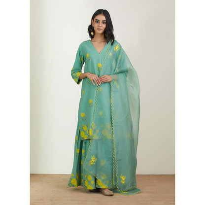 Label Earthen Women Green Floral Kurta with Sharara & Dupatta (Set of 3)