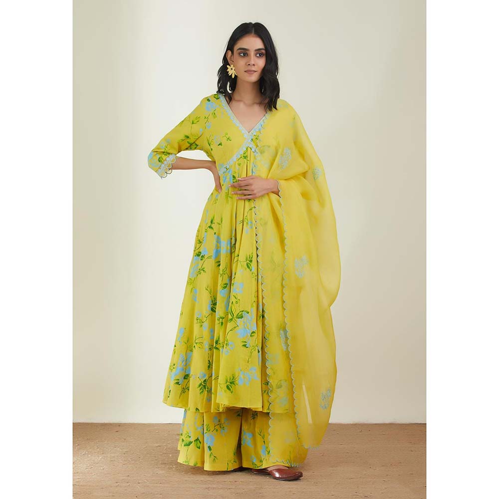 Label Earthen Women Yellow Floral Kurta with Sharara & Dupatta (Set of 3)
