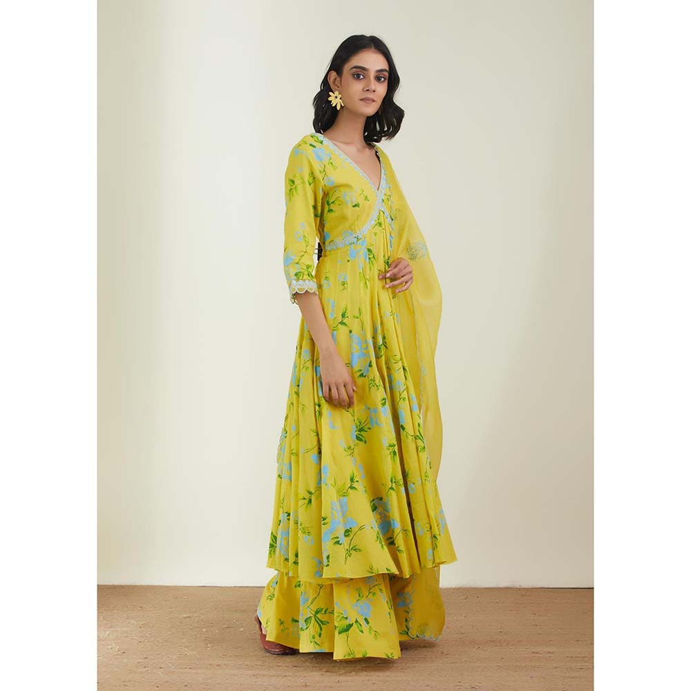 Label Earthen Women Yellow Floral Kurta with Sharara & Dupatta (Set of 3)