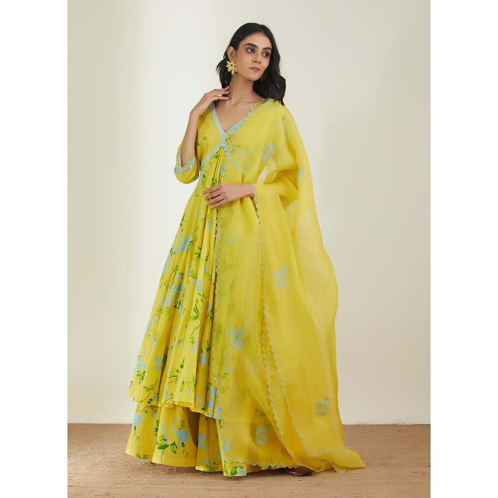 Label Earthen Women Yellow Floral Kurta with Sharara & Dupatta (Set of 3)