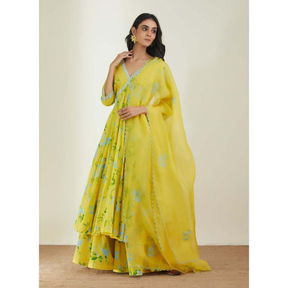 Label Earthen Women Yellow Floral Kurta with Sharara & Dupatta (Set of 3)