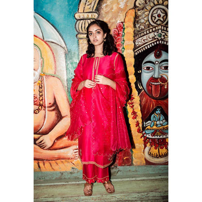 Label Earthen Women Pink Embroidered Kurta with Sharara & Dupatta (Set of 3)