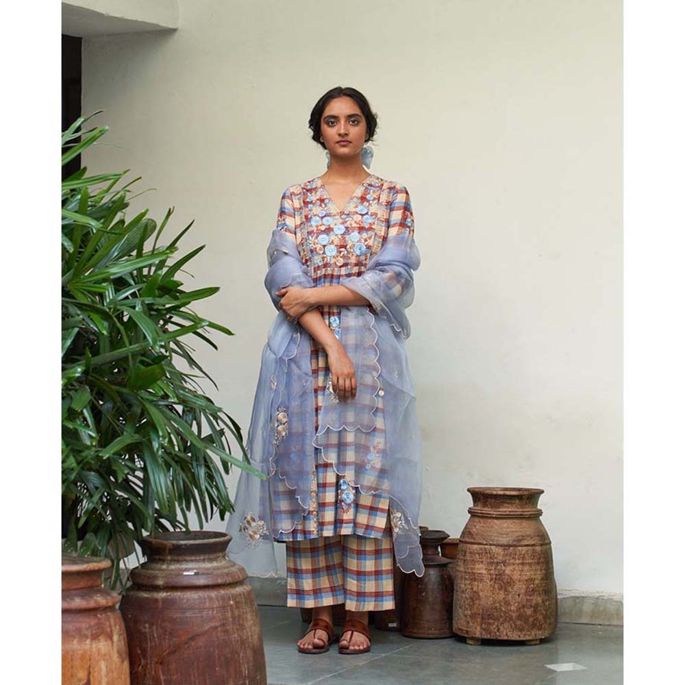 Label Earthen Asmani Jugnu Phool Checked Embroidered Kurta Pant with Dupatta (Set of 3)