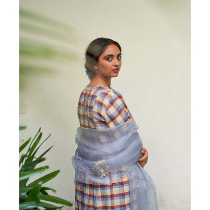 Label Earthen Asmani Jugnu Phool Checked Embroidered Kurta Pant with Dupatta (Set of 3)