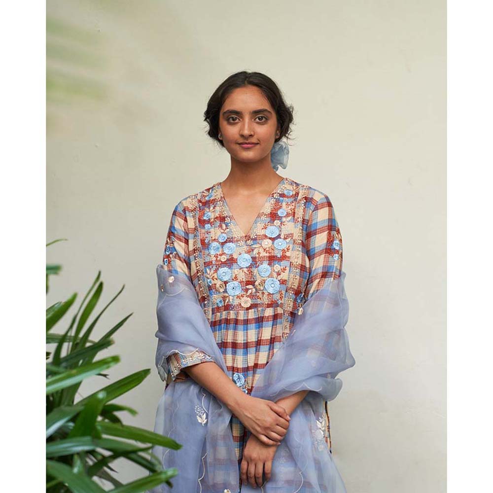 Label Earthen Asmani Jugnu Phool Checked Embroidered Kurta Pant with Dupatta (Set of 3)