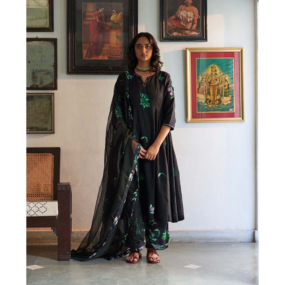 Label Earthen Raat Ki Rani woven cotton kali kurta with Pant & sequins work dupatta (Set of 3)