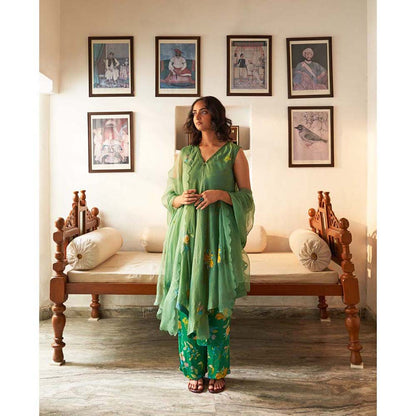 Label Earthen Sringar Woven Kurta with Mirror Detailing with Dupatta (Set of 3)