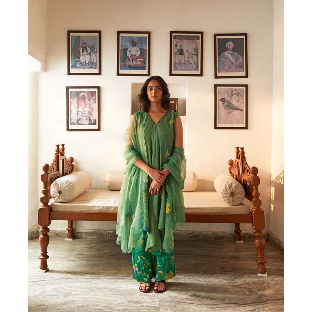 Label Earthen Sringar Woven Kurta with Mirror Detailing with Dupatta (Set of 3)