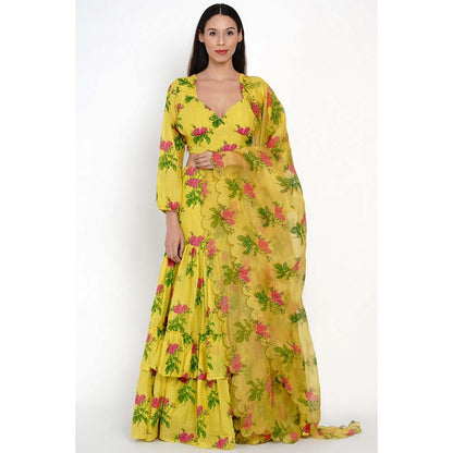 Label Earthen Phool Patti Printed Lehenga with Blouse & Dupatta (Set of 3)