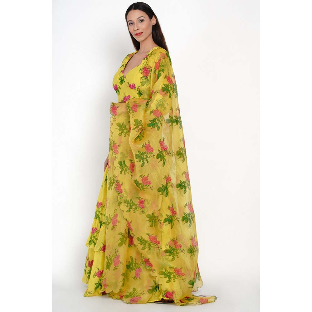 Label Earthen Phool Patti Printed Lehenga with Blouse & Dupatta (Set of 3)